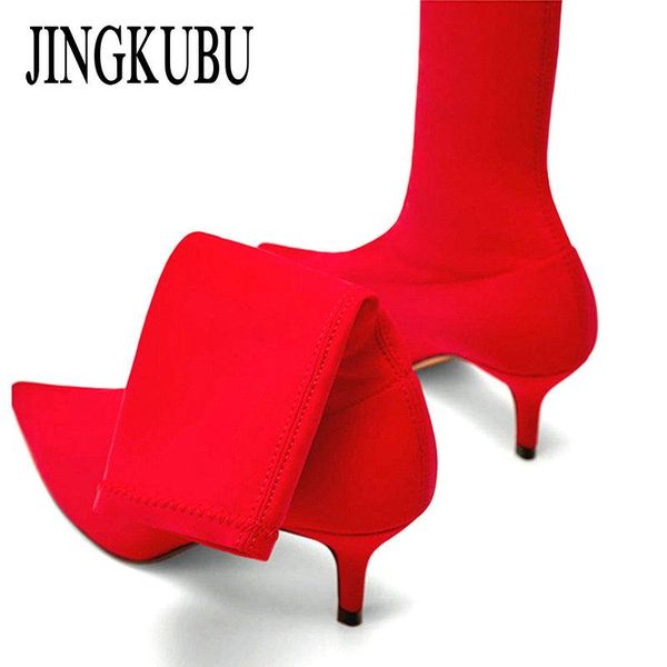 

boots jingkubu 2021 women sock pointed toe elastic high slip on heel ankle pumps stiletto botas hy182, Black