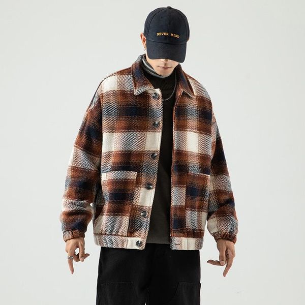 

men's jackets 2021 autumn winter jacket men classical plaid short woolen coat single breasted retro checkered casual outerwear plus siz, Black;brown