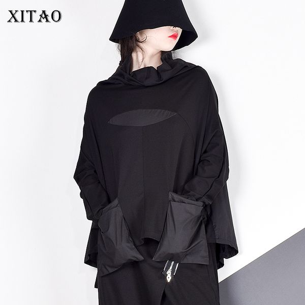 

xitao harajuku patchwork pocket t shirt women stand collar plus size casual black streetwear female stitch korean summer lyh2877 210302, White