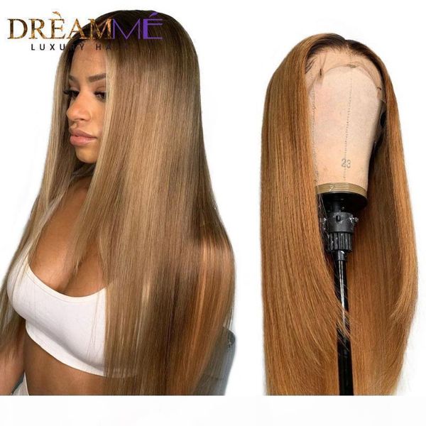 

ombre blonde lace front wig straight 13x6 deep part lace front human hair wigs natural color for women 150% density dark root, Black;brown