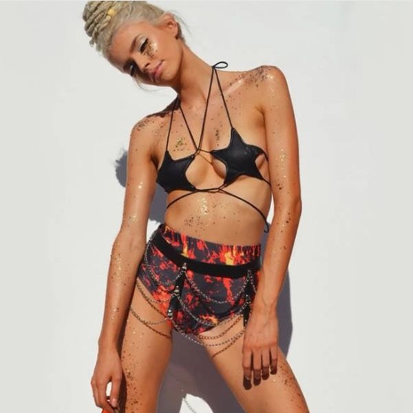

2021 new women two piece set black criss cross bandage star shape crop leather metal chain garter chic party club outfits 7age, Black;white