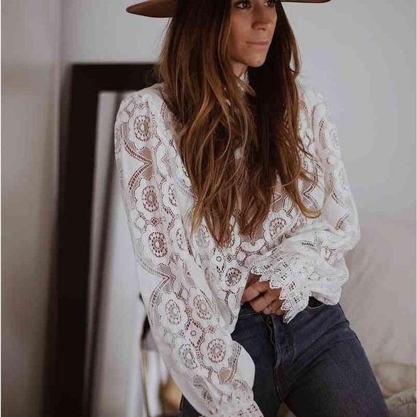 

ayualin lady white lace blouse shirt women long sleeve see through blusa vintage femme transparent casual boho blouses 210730