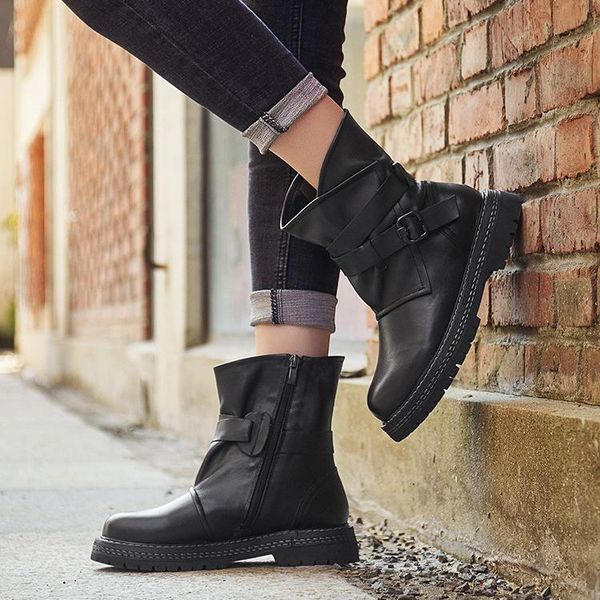 

boots mid leather women's british style autumn winter 2021 tube handmade, Black
