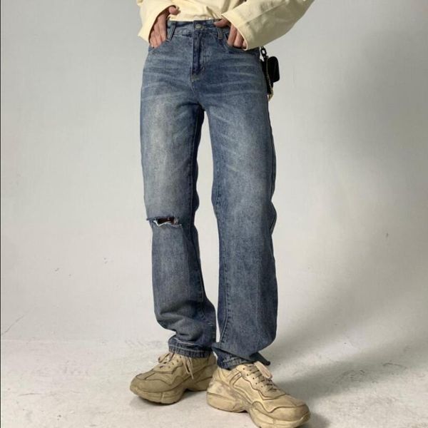 

men's jeans knee hole men 2021 korean casual loose straight denim pants man vintage trousers w2082, Blue