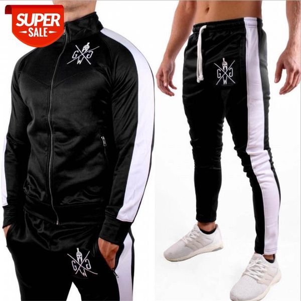 

NEW Mens autumn sports GYMS suit male zipper running jacket Track fashion casual Pants 2 pieces sportswear fitness clothing #3d8M, Gray