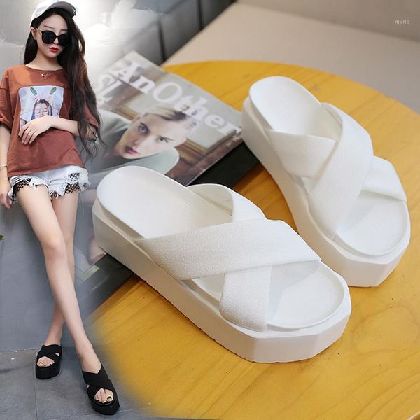 

slippers girl summer thick soles one-word drag fashion wear 2021 flat muffin soft student sandals1, Black
