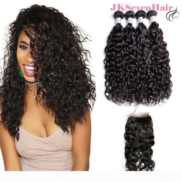 

12a water wave brazilian virgin hair bundles 4pcs with 4x4inch closure indian peruvian malaysian hair wefts with part lace closure, Black