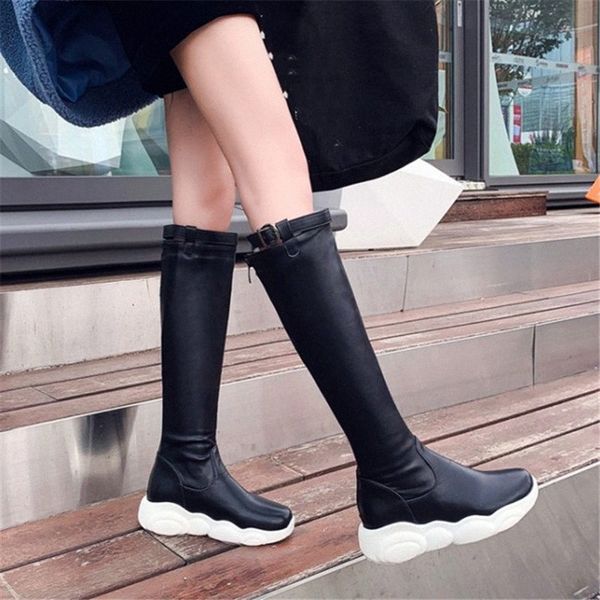 

pxelena shoes 2020 autumn winter flat platform knee high boots women soft comfort back zip punk gothic riding knight long boots footwe i53c#, Black