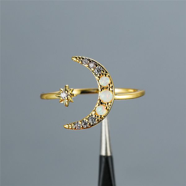 

designer luxury female white opal stone ring dainty gold color adjustable wedding ring simple star moon thin engagement rings for women, Slivery;golden
