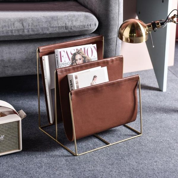 

other home decor nordic golden metal magazine rack double layer pu leather bookshelf file book organizer shelves holder spaper storage