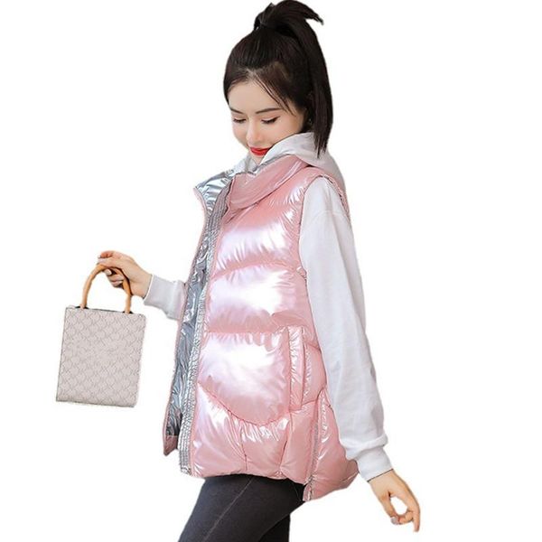 

women's vests glossy pu sleeveless jacket for women 2021 autumn winter thick warm padded vest coat casual zipper female waistcoat y053, Black;white