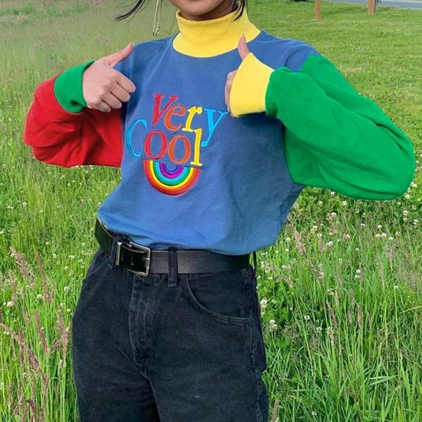 

rainbow letter print patchwork long sleeve sweatshirt women harajuku turtleneck pullover winter clothes tracksuit, Black