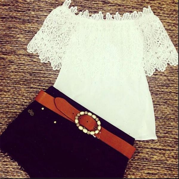 

womens clothing summer lace crochet off shoulder chiffon shirt casual blouse for girls, White