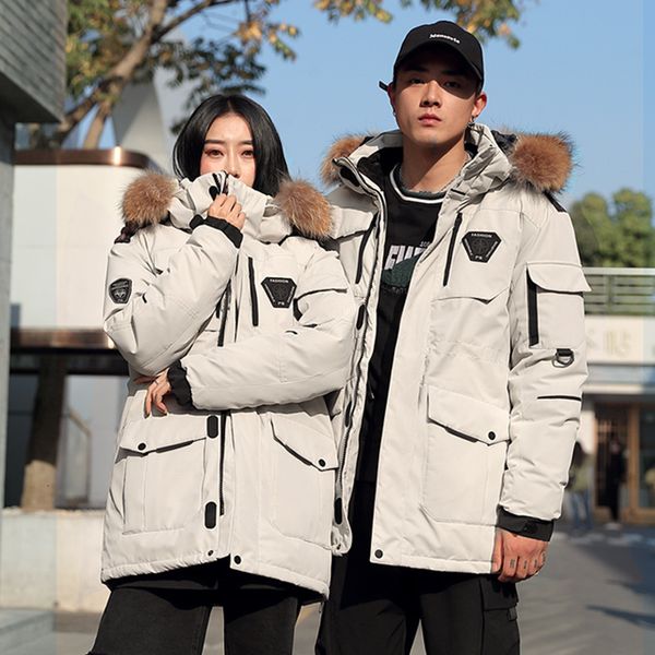 

down jacket men fashion real fur collar hodded young workwear puffer thicken warm outdoor winter white duck coats, Black