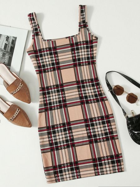 

double square neck plaid bodycon dress o8gl#, Black;gray