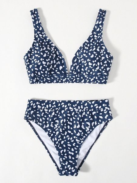 

allover print v neck bikini swimsuit t0t2#, White;black