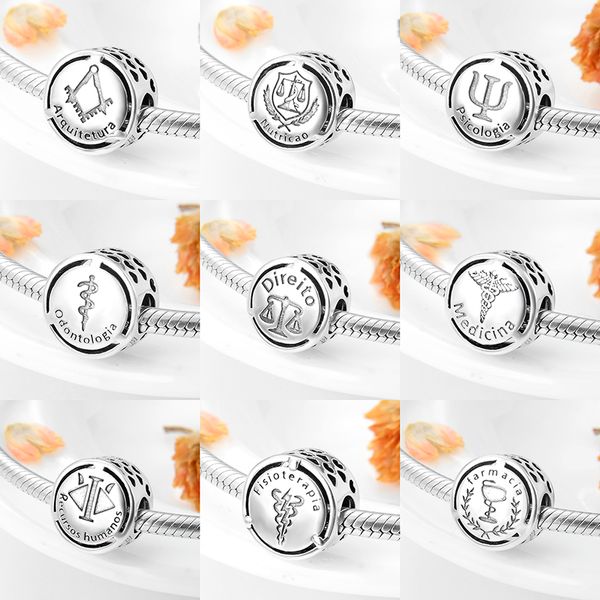 Novo 925 Sterling Silver Symbol Doze Língua Portuguesa Carreira Grânulos Fit Original Europeia Charme Pulseira Colar de Jóias Q0531