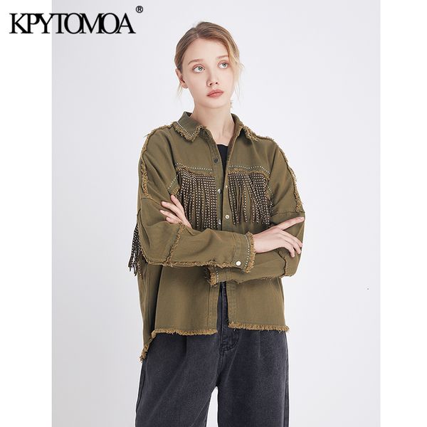 

vintage stylish fringe beaded loose denim jacket coat women fashion long sleeve frayed trim ladies outerwear chaqueta mujer 201014, Black;brown