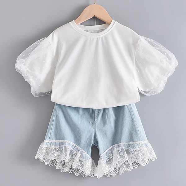

clothing sets 2021 summer girls casual kid clothes 2pcs for 3-7 years lovely puff sleeve t-shirt with lace denim pant girl costumes, White
