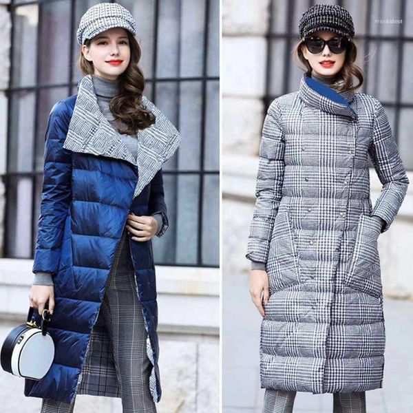 

women's down & parkas fmfssom 2021 women winter long duck jacket thick double sided plaid coat female plus size warm parka slim1, Black