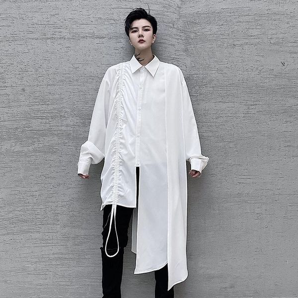 

men's casual shirts men irregular design drawstring punk long white black mens harajuku oversized sleeve shirt street wear