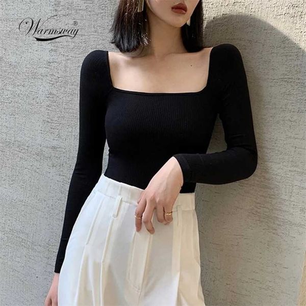 Black Office Lady Elegant Scoop Neck Long Sleeve Solid Mercerized Cotton Pullovers Tee Casual Women Y2K T-Shirt B-076 211011