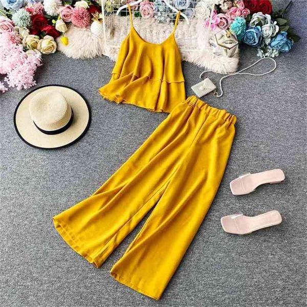 

women ruffles shirt + slim straight pants beach outfit summer clothes woman chiffon two piece sets femme 210525, White