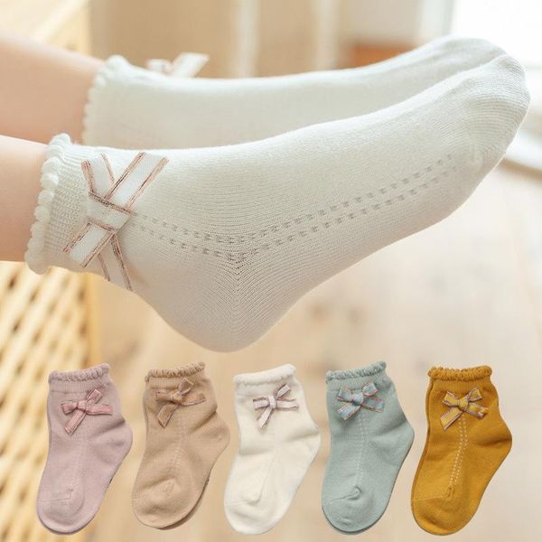 

socks 2021 girls bows 100% cotton breathable princess girl lace ruffle kids pink school, Pink;yellow