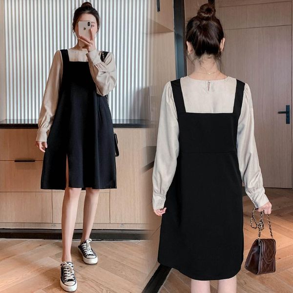 

spring patchwork one piece maternity dress long sleeve side splits clothes for pregnant women chic pregnancy dress, White