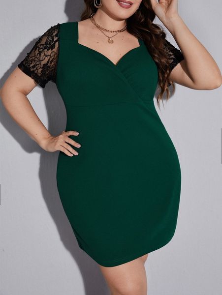 

plus contrast lace zip back dress i62d#, Black