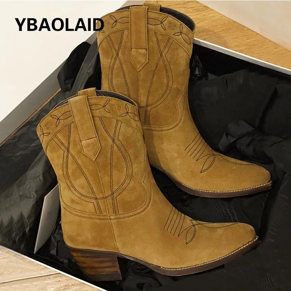 

boots 2021 vintage pointed toe mid-tube casual embroidery western cowboy brown suede high heel knight, Black