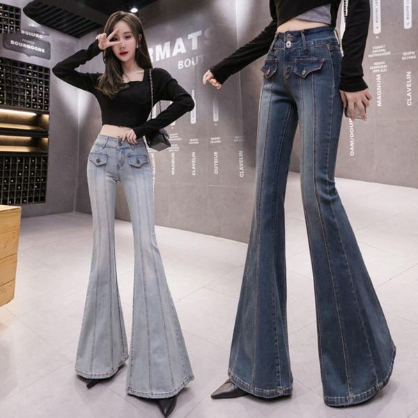 

women's jeans women high waist fashion stretch pocket trousers plus size wide leg flare pants vintage denim ladies, Blue