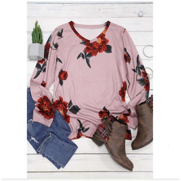 

vipflower mosaic v-neck long sleeve women's t-shirt autumn 2020, White