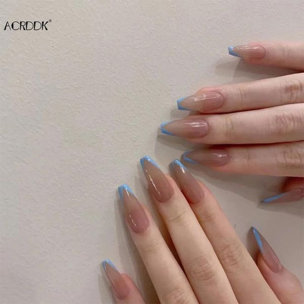 

false nails 24pcs fake press on nail with glue long flat-headed light blue wearable stickers full cover finished art tools, Red;gold