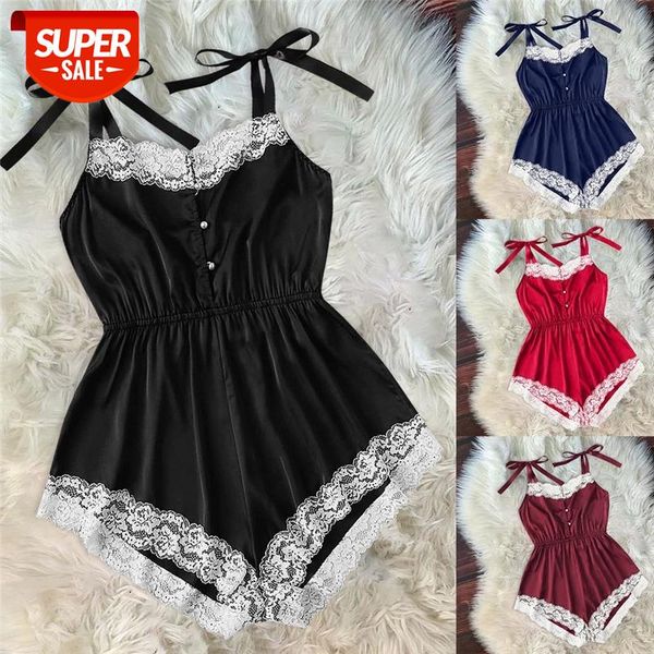

2020 new lace trim playsuit sleepwear women stain strap short jumpsuit summer lingerie pajamas one piece underwear playsuit #0c0q, White