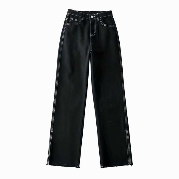 

fashion jeans open line wide leg women's 2021 high waist slim split floor pants, Blue