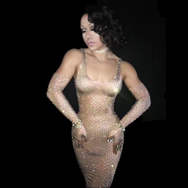 

casual dresses women party costume stage performance wear dance singer rhinestones ladies long sparkly full crystals dress with gloves, Black;gray