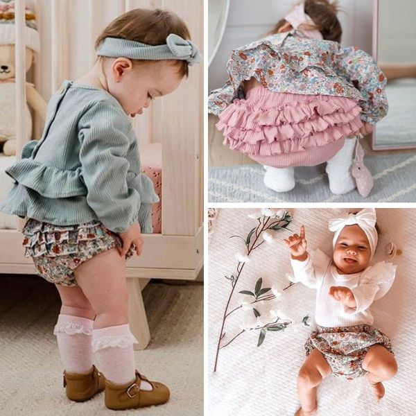 

0-3y toddler baby girl soft shorts flower printed/solid color knitted ruffle cake-layered high waist short pants, Black