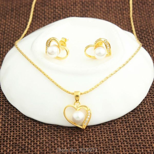

earrings & necklace luxury simulated pearl earrings18k gold color jewelry set zircon heart pendant for women wedding, Silver