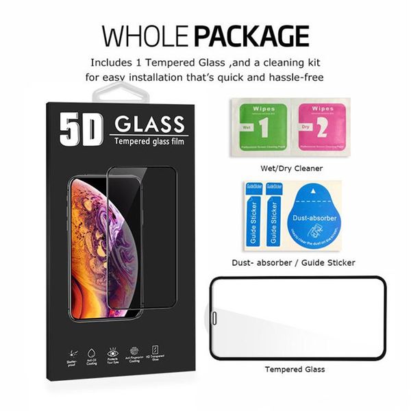 5D Закаленное стекло подходит для iPhone 12 Pro Max 11 X XR 7 8 6 6 6s Plus Pull Cover Cover Curved Pline Protector с упаковкой