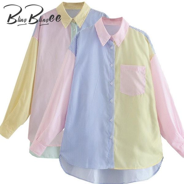 

women's blouses & shirts blingblingee contrast panelled striped summer fashion drop shoulder women casual female high low loose, White