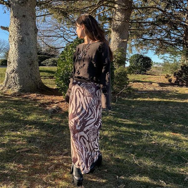 

skirts tree pattern print hit color 2021 summer european american women's mesh high waist long skirt retro, Black