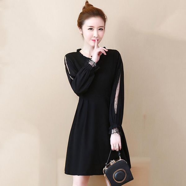 

casual dresses large size dress female spring and autumn 2021 women's loose long-sleeved stitching cover belly black a197, Black;gray