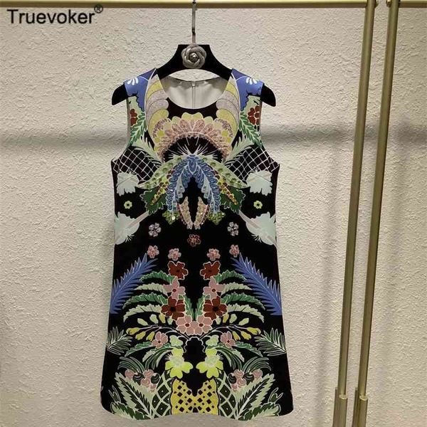 

truevoker women high end manual beading diamond tank dress lady vintage baroque print robe mujer festa vestido 210602, Black;gray