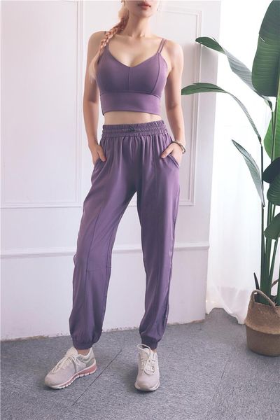 

yoga outfits 2021 fashion elastic band women pants fitness trousers peach hips loose-fitting quick-drying purple pocket sports, White;red