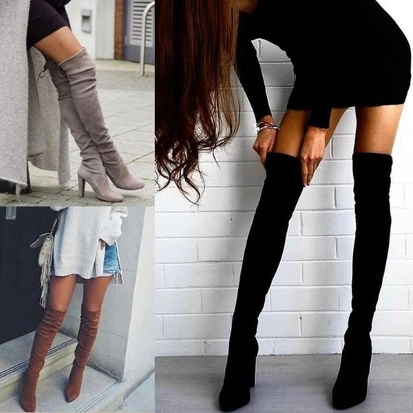 

boots women's warm autumn and winter pointed thick with side zipper over the knee elastic shoes yuj78, Black