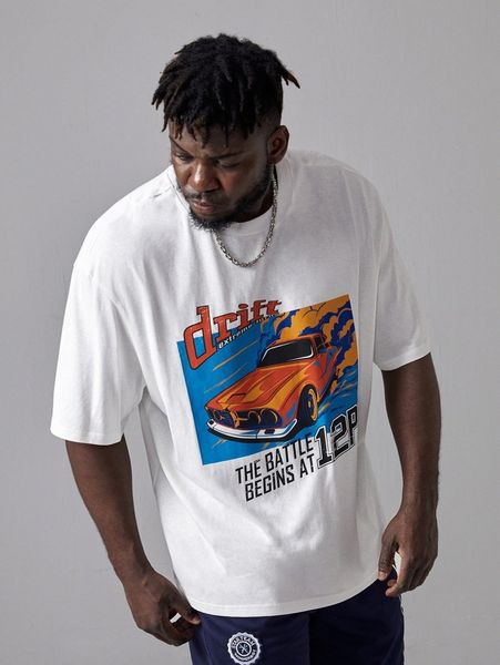 

extended sizes men car and slogan print tee 68vy#, White;black