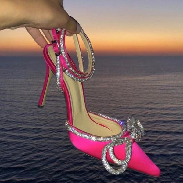 

dress shoes european and american wind 2021 bow water drill tip satin sandals women strappy heel heels, Black