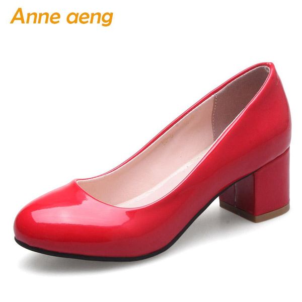 

dress shoes 2021 spring/autumn women pumps middle square heel round toe shallow office ladies red big size 33-46, Black