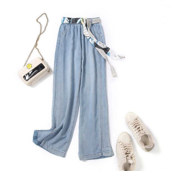 

korean 2021 summer version show thin save all the children of leg type tencel drop feeling split jeans wide straight pants, Blue